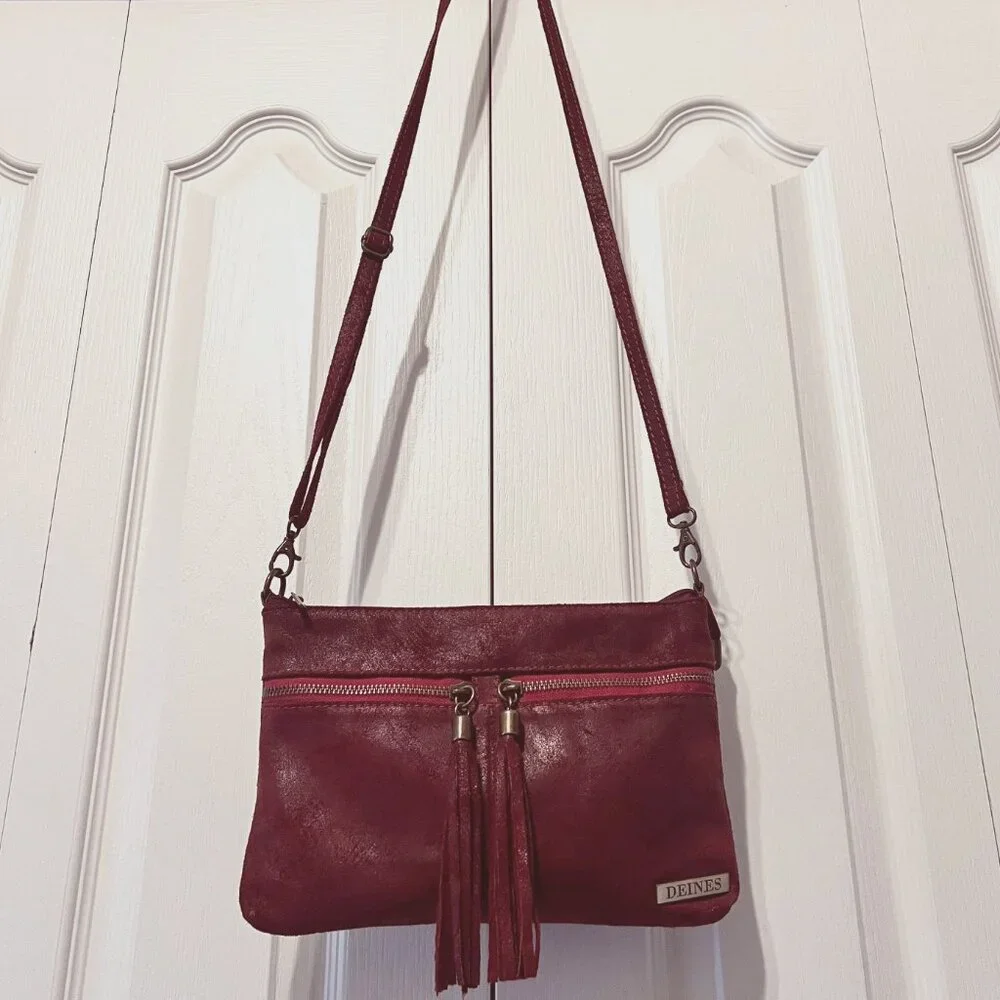 Borse In Pelle-Deines-Soft Calf Leather Crossbody Red Purse-Tassels-Adj Strap - Picture 5 of 15